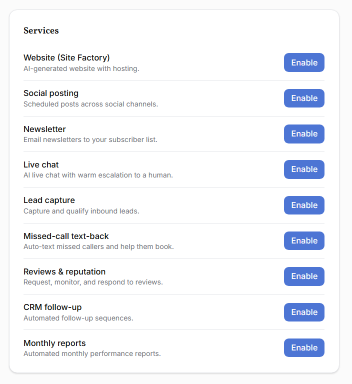 The Poolday dashboard with each service ready to enable